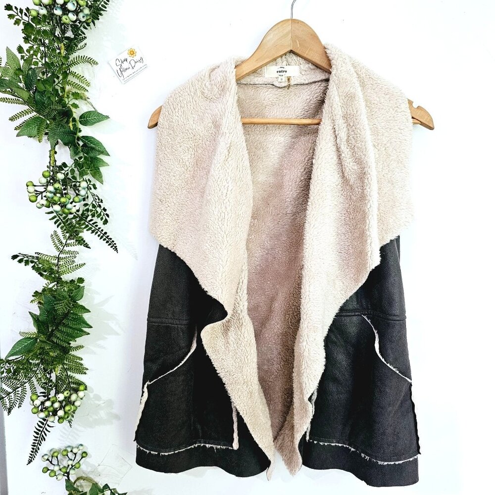 Entro Womens Sleeveless Faux‎ Shearling Vest S Black & Beige 《946》J